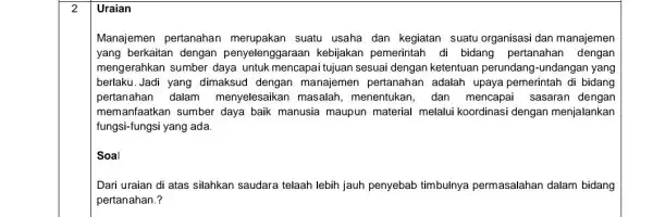 2 Uraian Manajemen pertanahan suatu usaha dan kegiatan suatu organisasi dan manajemen yang berkaitan dengan penyelenggaraan kebijakan pemerintah di bidang pertanahan dengan mengerahkan sumber