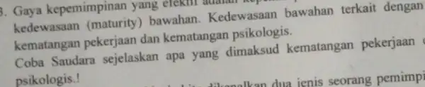 3. Gaya kepemimpinan yang etektif adalah hop kedewasaan (maturity)bawahan. Kedewasaan bawahan terkait dengan kematangan pekerjaan dan kematangan psikologis. Coba Saudara sejelaskan apa yang dimaksud