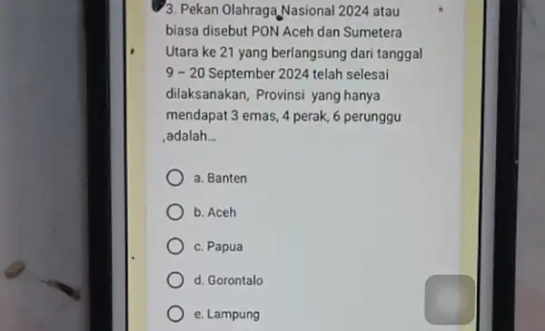 3. Pekan Olahraga Nasional 2024 atau biasa disebut PON Aceh dan Sumetera Utara ke 21 yang berlangsung dari tanggal 9 - 20 September 2024