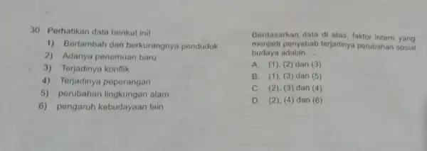 30. Perhatikan data berikut ini! 1) Bertambah dan berkurangnya penduduk 2) Adanya penemuan baru 3) Terjadinya konflik 4) Terjadinya peperangan 5) perubahan lingkungan alam