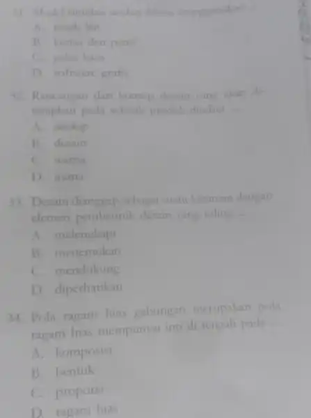 31. Model simulasi meng A. tanah liat B. kertas dan pensi C. gelas kaca D. software grafis 32. Rancungan dari konsep desain vang akan