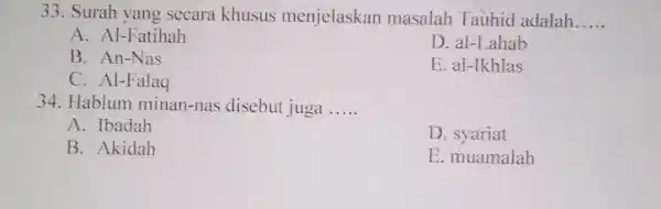 33. Surah yang secara khusus menjelaskan masalah Tauhid adalah __ A. Al-Fatihah D. al-Lahab B. An-Nas E. al-Ikhlas C. Al-Falaq 34. Hablum minan-nas disebut