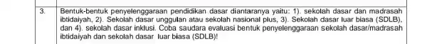 3. Bentuk-bentuk penyelenggaraan pendidikan dasar diantaranya yaitu: 1)sekolah dasar dan madrasah ibtidaiyah, 2)unggulan atau sekolah 3). Sekolah dasar luar biasa (SDLB). dan4) sekolah dasar