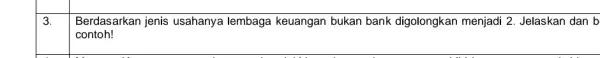 3. Berdasarkan jenis usahanya lembaga keuangan bukan bank digolongkan menjadi 2. Jelaskan dan b contoh!