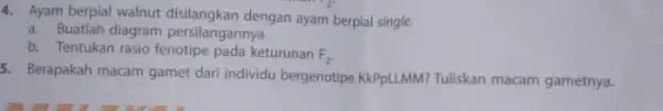 4. Ayam berpial walnut dengan ayam berpial single. a. Buatlah diagram persilangannya b. Tentukan rasio fenotipe pada keturunan F_(2). 5. Berapakah macam gamet dari