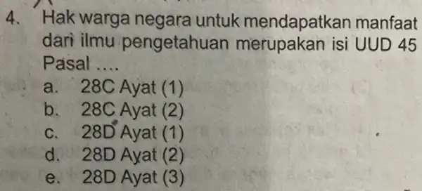 4. Hak warga negara untuk mendapatkan manfaat dari ilmu pengetahuan merupakan isi UUD 45 Pasal __ a. 28C Ayat (1) b. 28C Ayat (2)