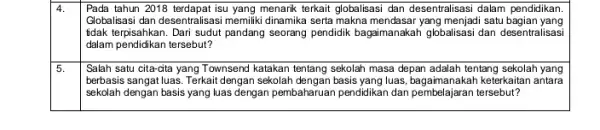 4. Pada tahun 2018 terdapat isu yang menarik terkait globalisasi dan desentralisasi dalam pendidikan. Gobalisasi dan desentralisasi memilik dinamika serta makna mendasar yang menjadi