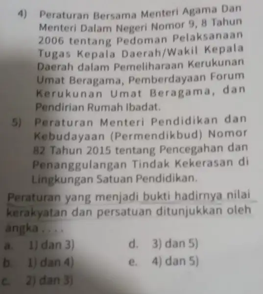 4) Peraturan Bersama Menteri Agama Dan Menteri Dalam Negeri Nomor 9,8 Tahun 2006 tentang Pedoman Pelaksanaan Tugas Kepala Daerah/Wakil Kepala Daerah dalam Pemeliharaan Kerukunan