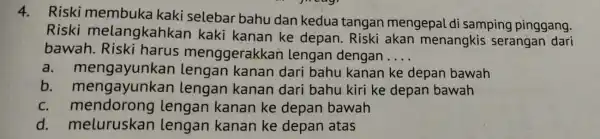 4. Riski membuka kaki selebar bahu dan kedua tangan mengepal di samping pinggang. Riski melangkahkar kaki kanan ke depan. Riski akan menangkis serangan dari