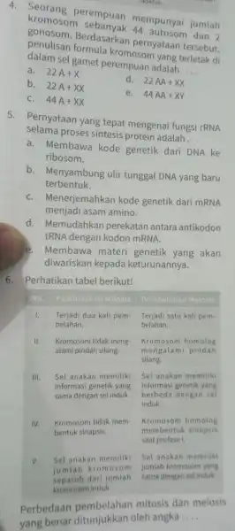 4. Seorang perempuan mempunyai jumlah kromosom sebanyak as autoson jumlah gonosom . Berdasarkan pernyataan tersebut, penulisan kromosom di dalam sel gamet perempuan adalah __