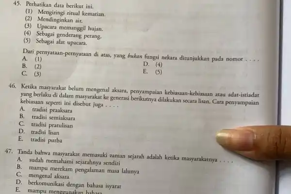 45. Perhatikan data berikut ini. (1) Mengiringi ritual kematian. (2) Mendinginkan air. (3) Upacara memanggil hujan. (4) Sebagai genderang perang. (5) Sebagai alat upacara.