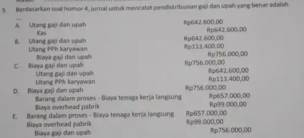 5. Berdasarkan soal homor 4, jurnal untuk mencatat pendistribusian gaji dan upah yang benar adalah __ A. Utang gaji dan upah Kas Rp642.600,00 B.