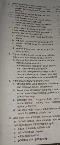 5. Hierarki visual dalam desain postor adalah __ denganlakan keselmbang n visual seimbang distribusi elemen-elemen yang b. menonjolkan elemen tertentu dan me- narik pornatian