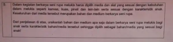 5. Dalam kegiatan berkarya seni rupa melukis harus dipilih media dan alat yang sesuai dengan kebutuhan dalam melukis seperti kanvas, kuas, pinsil dan lain-lain