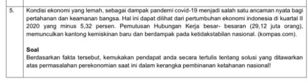 5. Kondisi ekonomi yang lemah sebagai dampak pandemi covid -19 menjadi salah satu ancaman nyata bagi pertahanan dan keamanan bangsa Hal ini dapat dilihat