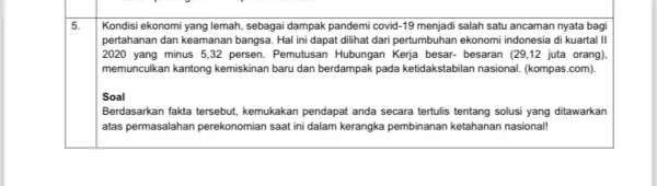 5. Kondisi ekonomi yang lemah , sebagai dampak pandemi covid -19 menjadi salah satu ancaman nyata bagi pertahanan dan keamanan bangsa Hal ini dapat