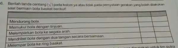 6. Berilah tanda centang (sqrt( )) pada kolom ya atau tidak pada pernyataan gerakan yang boleh dilakukan saat bermain bola basket berikut! & &