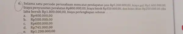 6. Selama satu periode perusahaan mencatat pendapatan jasa Rp5.200.000,00 biaya gaji Rp1.600.000,00 biaya penyusutar peralatan Rp800.000,00 , biaya listrik Rp350.000,00, dan biaya iklan Rp250.000,00