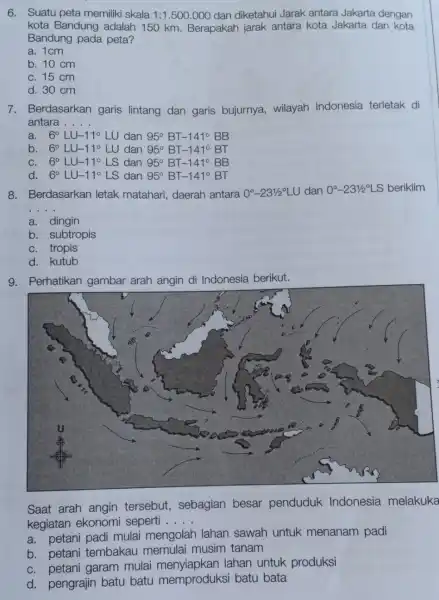 6. Suatu peta memiliki skala 1:1.500.000 dan diketahui Jarak antara Jakarta dengan kota Bandung adalah 150 km . Berapakah jarak antara kota Jakarta dan