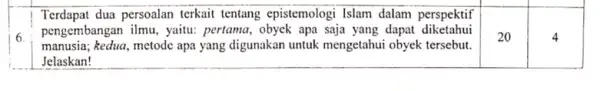 6. Terdapat dua persoalan terkait tentang epistemologi Islam dalam perspektif pengembangan ilmu, yaitu:pertama, obyek apa saja yang dapat diketahui manusia; kedua, metode apa yang