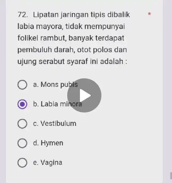 72. Lipatan jaringan tipis dibalik labia mayora , tidak mempunyai folikel rambut , banyak terdapat pembuluh darah, otot polos dan ujung serabut syaraf ini