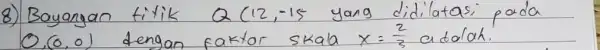 8) Bayangan titik Q(12,-15 yang didilatas; pada 0,(0,0) dengan faktor skala x=(2)/(3) adalah.