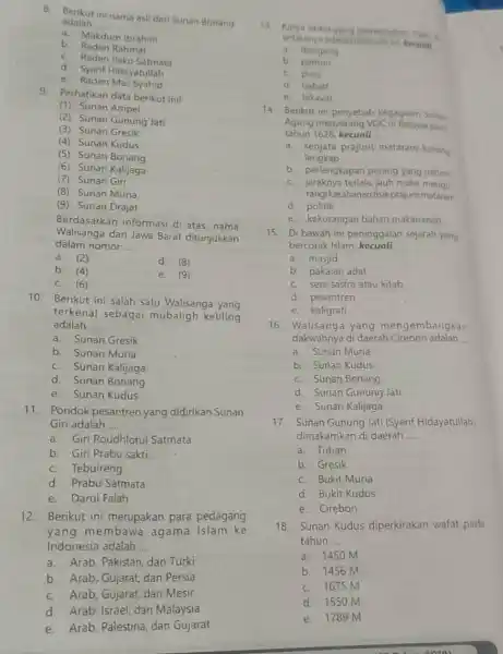 8. Berikut ini nama asli dari Sunan Bonang adalah __ b. Raden Rahmat a. Makdum ibrahim c. Raden Paku Satmata d. Syarif Hidayatullah e.