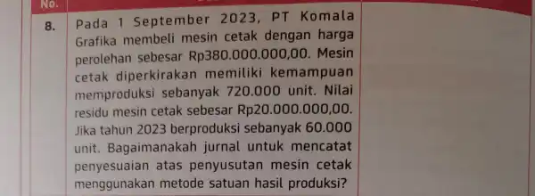 8. Pada 1 September 2023, PT Komala Grafika membeli mesin cetak dengan harga perolehan sebesar Rp380.000.000,00 . Mesin cetak diperkirakar memiliki kemampuan memproduksi sebanyak