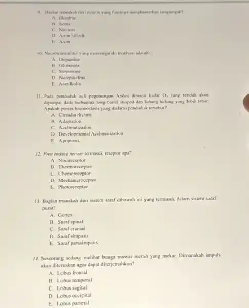 9. Bagian manakah dari neuron yang funsinya menghantarkan rangsangan? A. Dendrite B. Soma C. Nucleus D. Axon hillock E. Axon 10. Neuroranminter yang memengaruhi