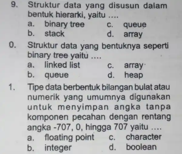 9. Struktur data yang disusun dalam bentuk hierarki yaitu __ a. binary tree c. queue b. stack d. array 0. Struktur data yang bentuknya