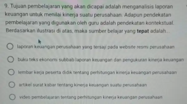 9. Tujuan pembelajaran yang akan dicapai adalah menganalisis laporan keuangan untuk menilai kinerja suatu perusahaan. Adapun pendekatan pembelajaran yang digunakan oleh guru adalah pendekatan