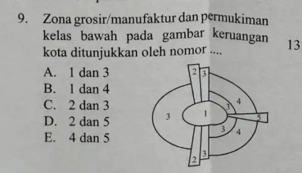 9. Zona grosir/manufaktur dan permukiman kelas bawah pada gambar keruangan kota ditunjukkan oleh nomor __ A. 1 dan 3 B. 1 dan 4 C.