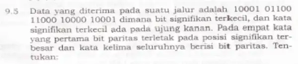 9.5 Data yang diterima pada suatu jalur adalah 1000101100 110001000010001 dimana bit signifikan terkecil dan kata signifikan terkecil ada pada ujung kanan. Pada kata