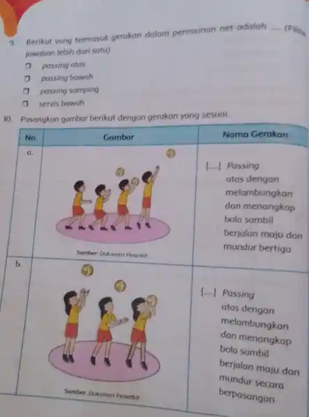 9. Berikut yang termasuk gerakan dalam permainan net adalah __ (Pilih jawaban lebih dari satu) passing atas passing bowah CI passing somping servis bawah