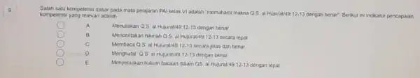 9 Salah satu kompetensi dasar pada mata pelajaran PAl kelas VI adalah "memahami makna Q.S. al Hujurat/49:12-13 dengan benar". Berikut ini indikator pencapaian kompetensi