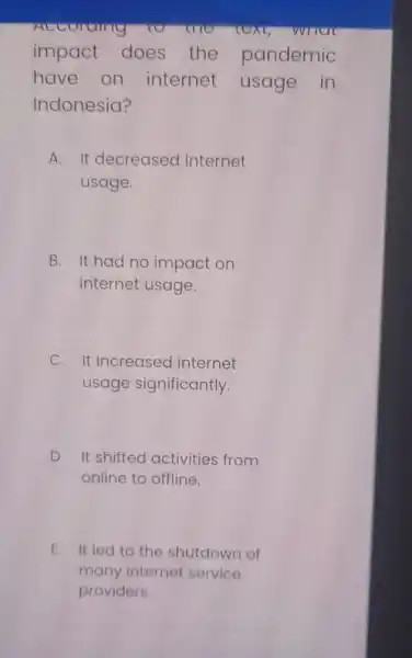 Actorang time text, write impact does the pandemic have on internet usage in Indonesia? A. It decreased internet usage. B. It had no impact