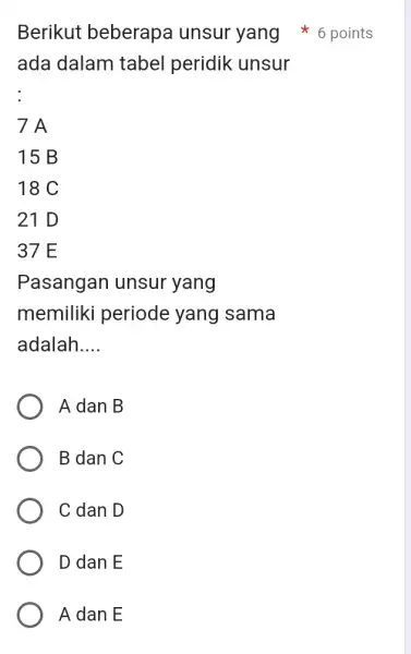 ada dalam tabel peridik unsur 7A 15 B 18 C 21 D 37E Pasangan unsur yang memiliki periode yang sama adalah __ A dan