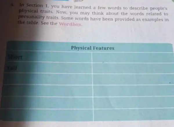 a. In Section 1 ,you have learned a few words to describe people's physical traits . Now,you may think about the words related to