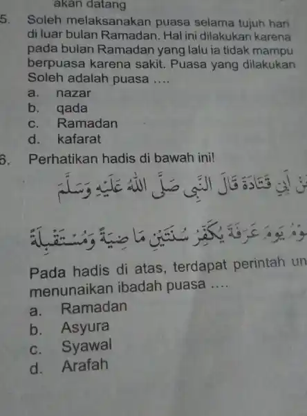 akan datang 5. Soleh melaksanak an puasa selama tujuh hari di luar bulan Ramadan. Hal ini dilakukan karena pada bulan Ramadan yang lalu ia