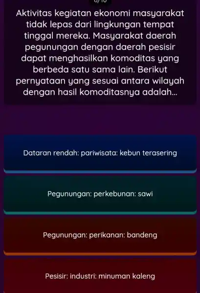 Aktivitas kegiatan ekonomi masyarakat tidak lepas dari lingkungan tempat tinggal mereka Masyarakat daerah pegunungan dengan daerah pesisir dapat menghasilkan komoditas yang berbeda satu sama