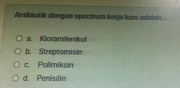 Antibiorik dengan spectrum kerja luas adalah __ . Kloramfenikol . Streptomisin . Polimiksin (ii). Penisilin