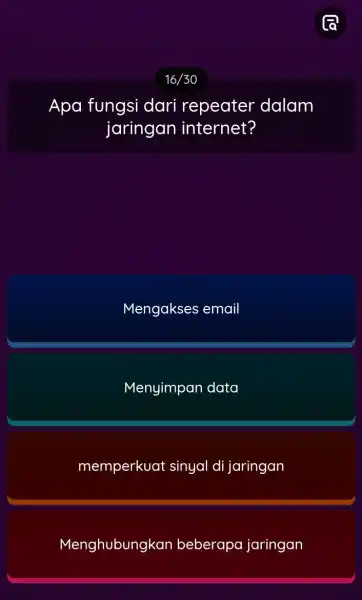 Apa fungsi dari repeater dalam jaringan internet? Mengakses email Menyimpan data memperkuat sinyal di jaringan Menghubungkan beberapa jaringan