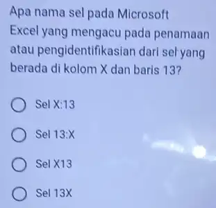 Apa nama sel pada Microsoft Excel yang mengacu pada penamaan atau pengidentifikasian dari sel yang berada di kolom X dan baris 13? Sel X:13