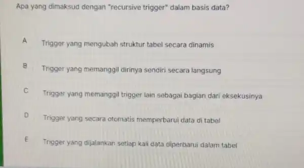 Apa yang dimaksud dengan "recursive trigger" dalam basis data? A Trigger yang mengubah struktur tabel secara dinamis B Trigger yang memanggil dirinya sendiri secara