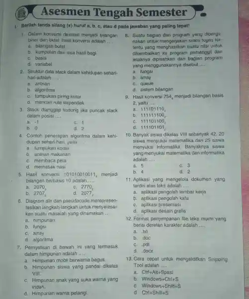 Asesmen Tengah Semester 1. Dalam konversi desimal menjadi bilangan biner dan oktal, hasil konversi adalah __ a. bilangan bulat b . kumpulan dari sisa