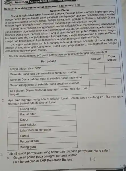 Asesmen/Kompetensi Minimum v Bacalah teks di bawah ini untuk menjawab soal nomor 1-3! Sekolah Diana Diana bersekolah di SMP Persatuan Bangsa. Sekolah Diana memiliki