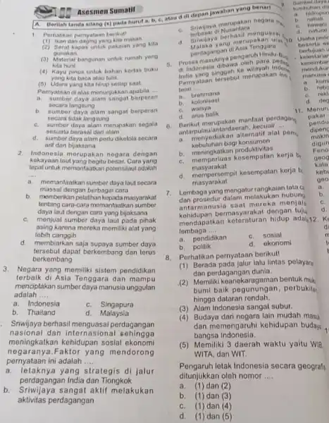 Asosmen Sumatif A. Derilah tanda silang (x) pada huruf a b, c, atau d di depan jawaban yang benar! (1) Ikan dan daging yang