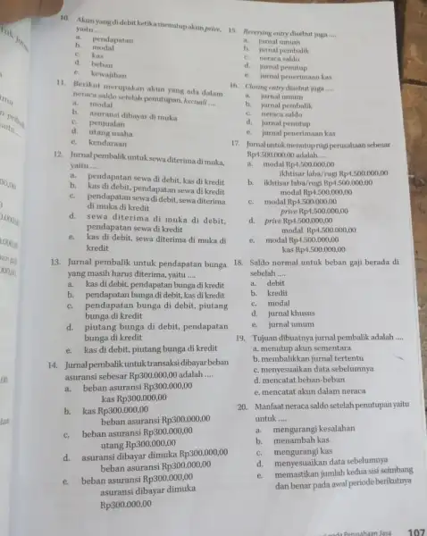 b. modal pendapatan c. kas d. beban kewajiban 11. Berikut merupakan akun yang ada dalam neraca saldo setelah penutupan.kecuali __ a.modal b. asuransi dibayar