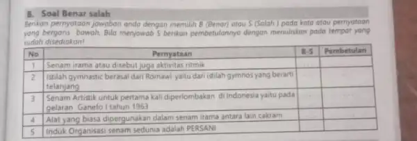 B. Soal Benar salah Benkan pernyataan jawaban anda dengan memilih 8 (Benar) atau S (Salah) pada kata atau pernyataan yang bergaris bowah, Bila menjawab