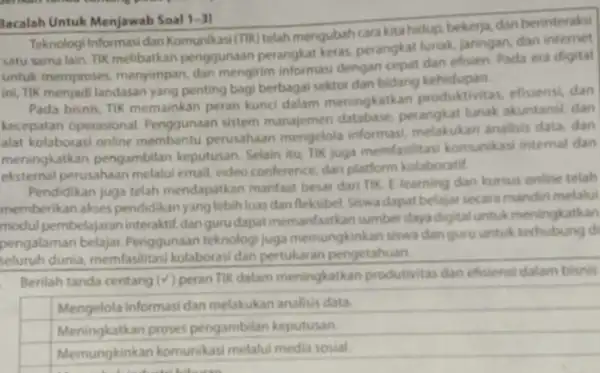 Bacalah Untuk Menjawab Soal 1-31 Teknologi Informasi dan Komunikasi (TIK) telahmengubah cara kita hidup, bekerja dan berinteraksi satu sama lain. TIK melibatkan penggunaan perangkat